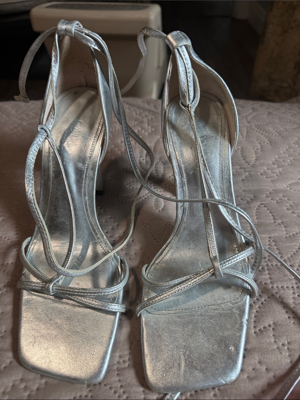 Zara Metallic Silver Lace-Up Square Toe Heels